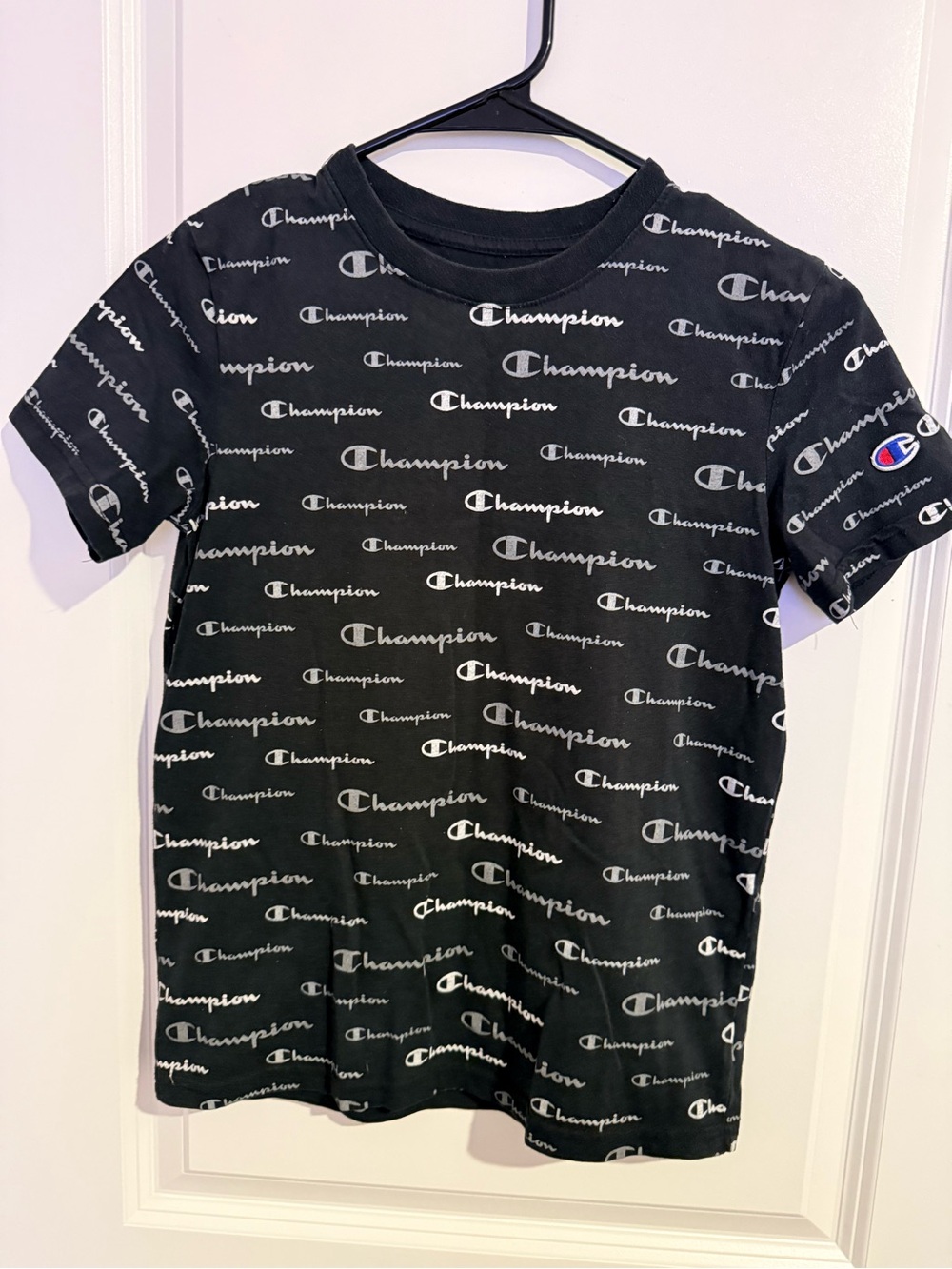 Champion Kids Black Tee with White Logo Allover